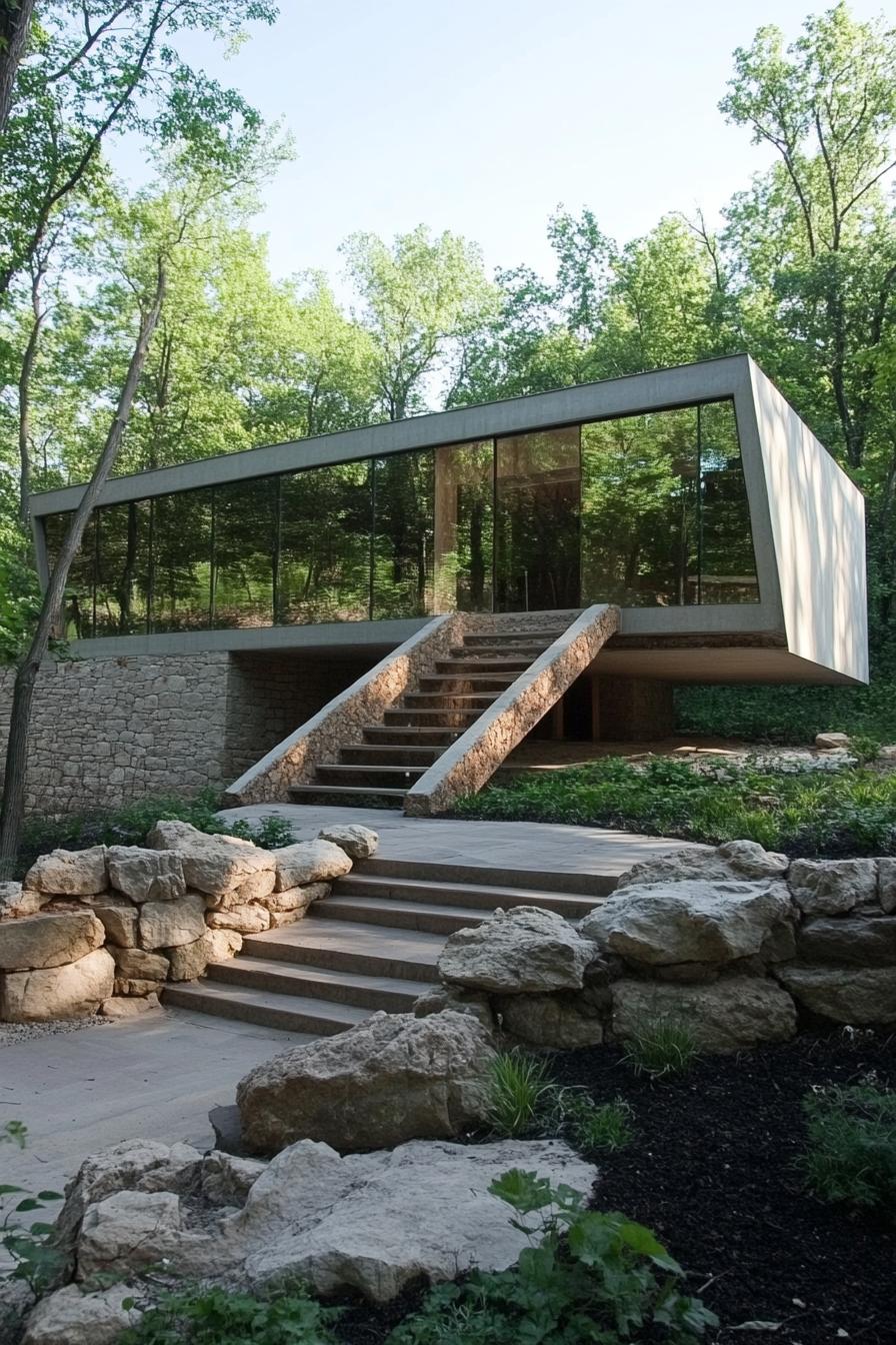 modern earth sheltered house with mirror facade buil into forest hills 1