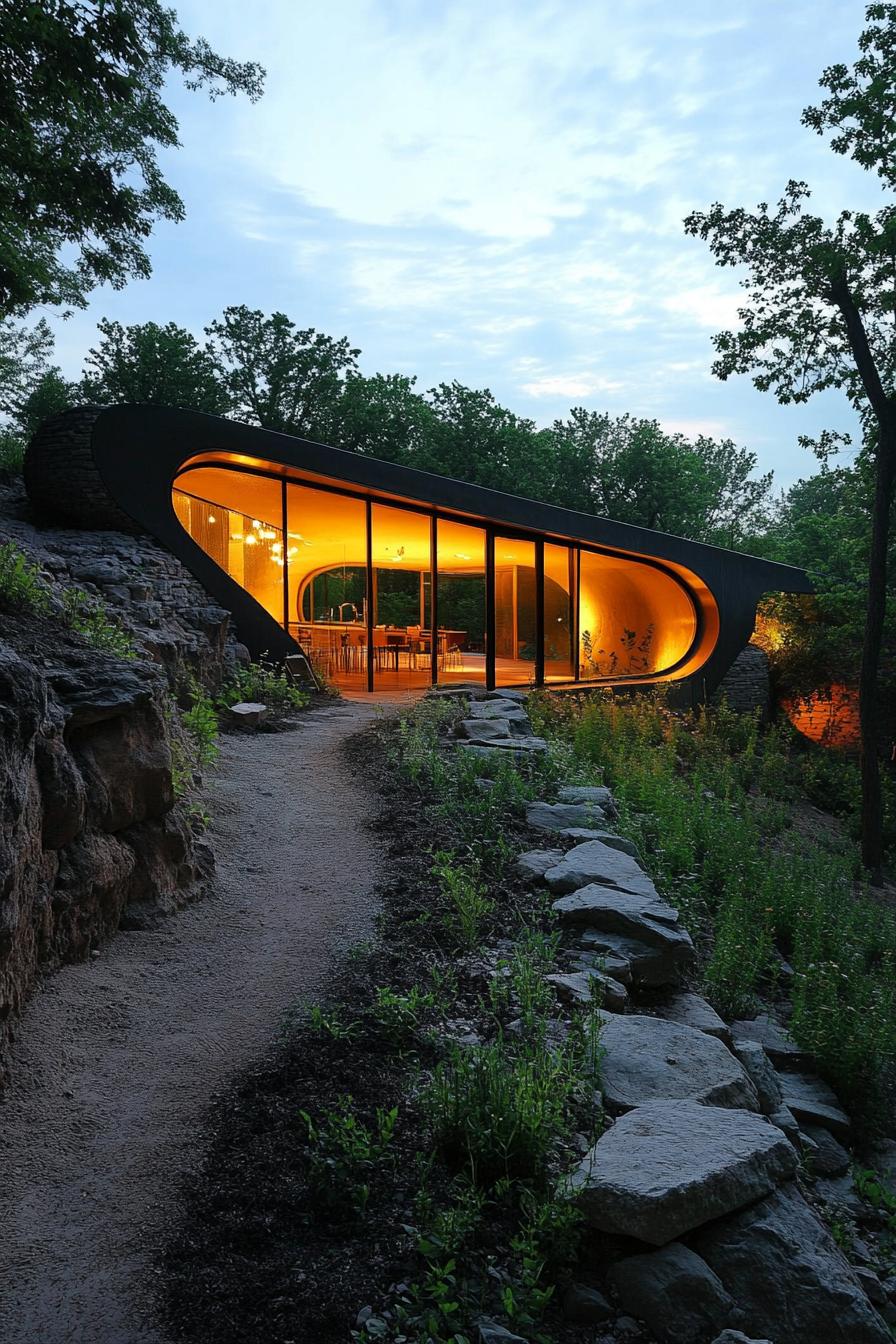 modern earth sheltered house with mirror facade buil into forest hills 2