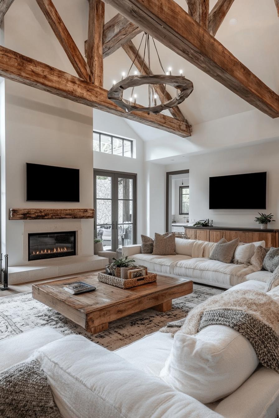 modern farmhouse interior living room with rustic beams modern furniture electric fireplace 1