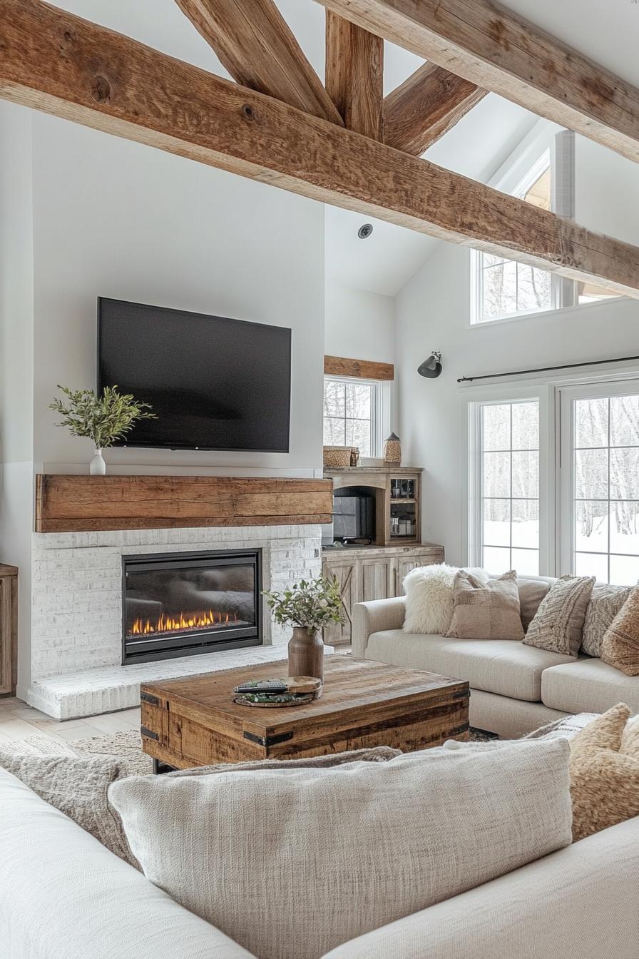 modern farmhouse interior living room with rustic beams modern furniture electric fireplace 2