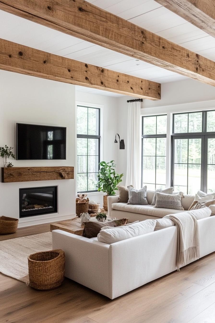 modern farmhouse interior living room with rustic beams modern furniture electric fireplace 3