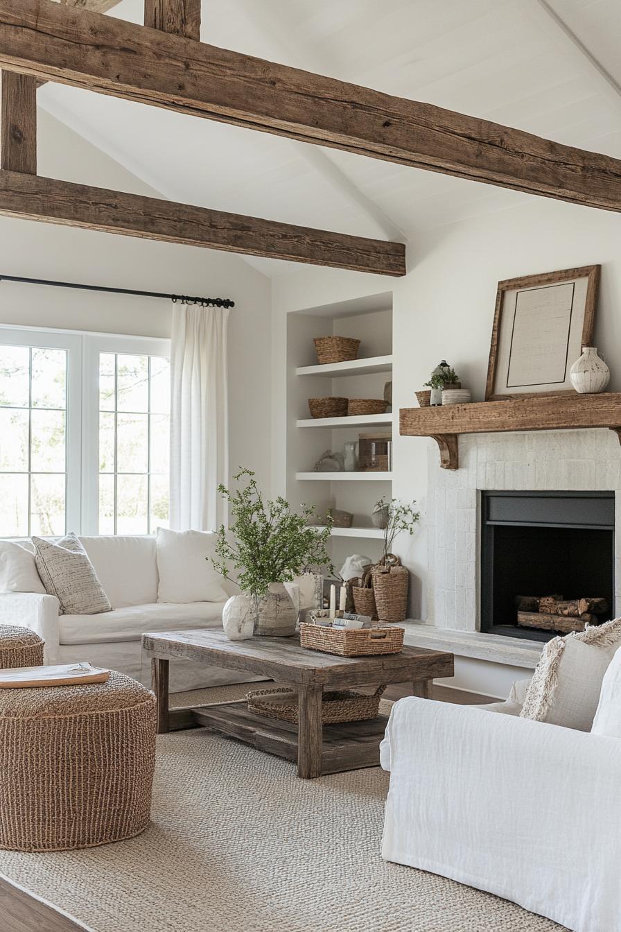 modern farmhouse interior living room with rustic beams modern furniture electric fireplace