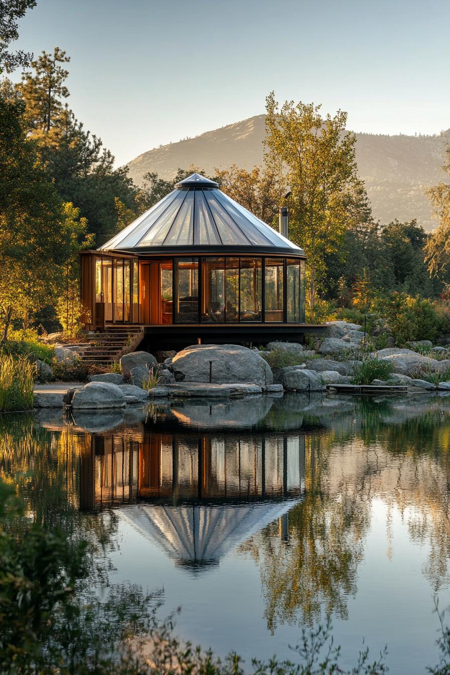 modern glass yurt by the lake