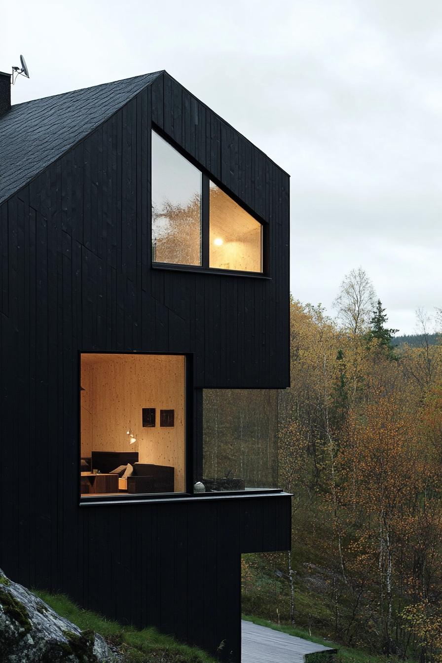 modern house exterior geometric windows in Scandinavian woods