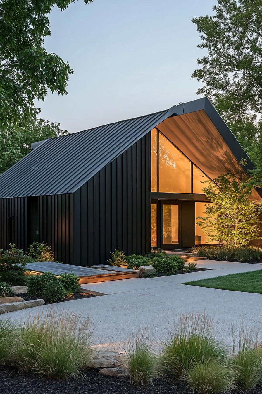 modern house facade with assymetrical zinc roof 2