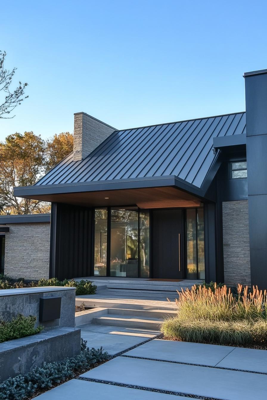 modern house facade with assymetrical zinc roof