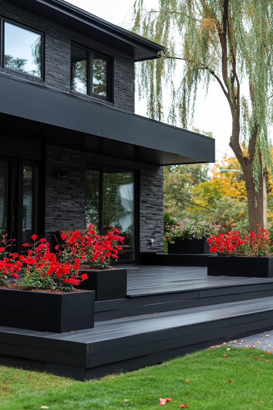 modern house with black deck with black planter boxes with red flowers front yard with willow trees 1