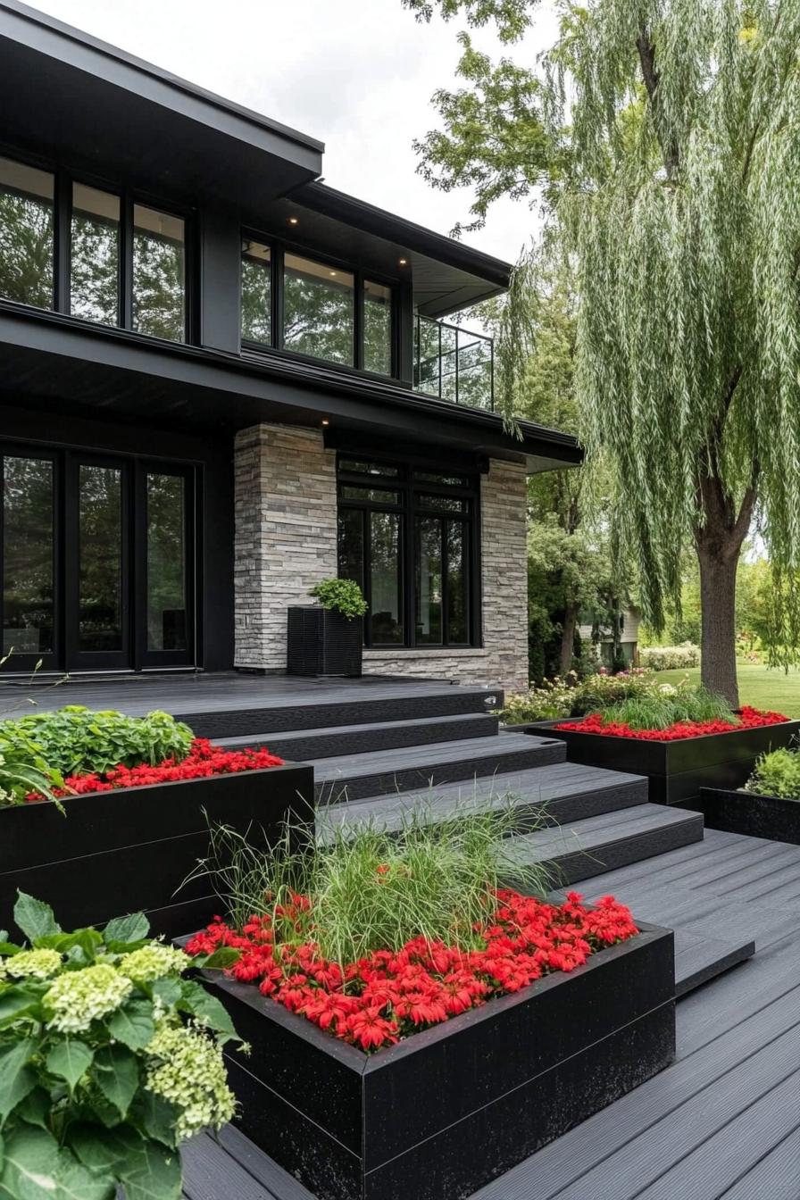 modern house with black deck with black planter boxes with red flowers front yard with willow trees 2