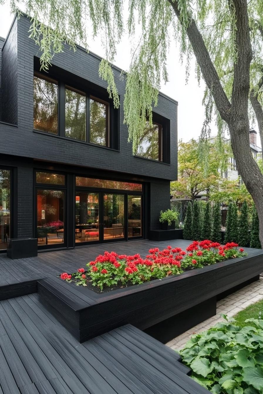 modern house with black deck with black planter boxes with red flowers front yard with willow trees 3