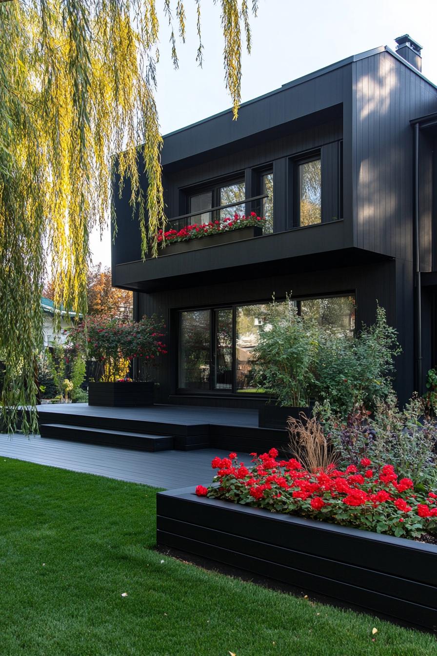 modern house with black deck with black planter boxes with red flowers front yard with willow trees