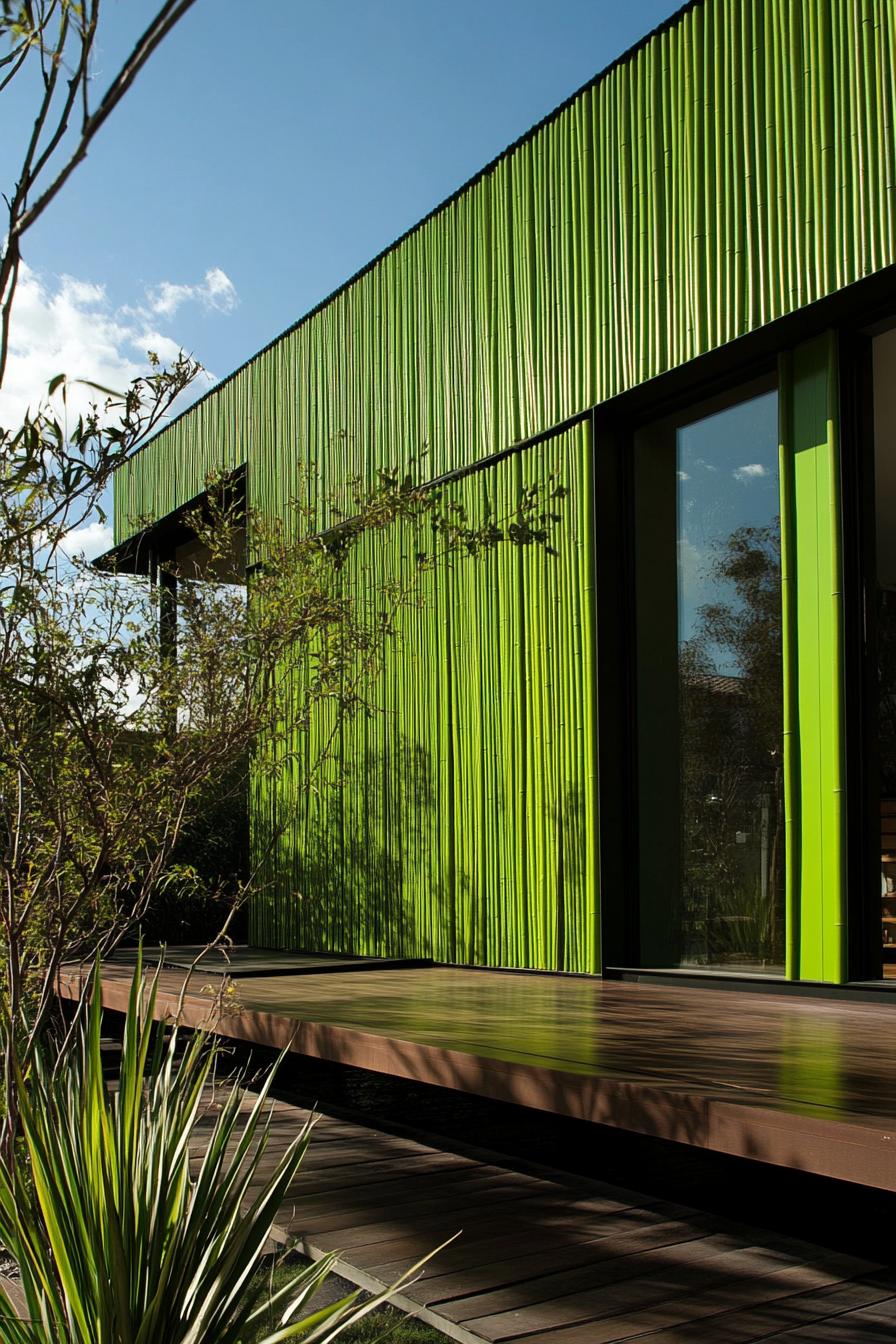 modern house with green color facade with bamboo cladding painted green 1