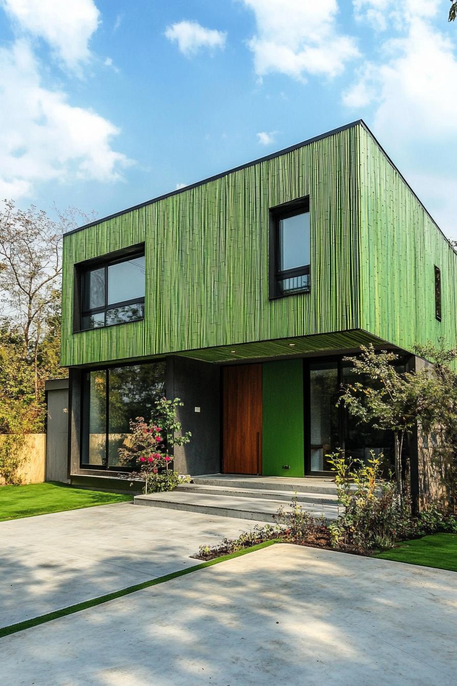 modern house with green color facade with bamboo cladding painted green 2