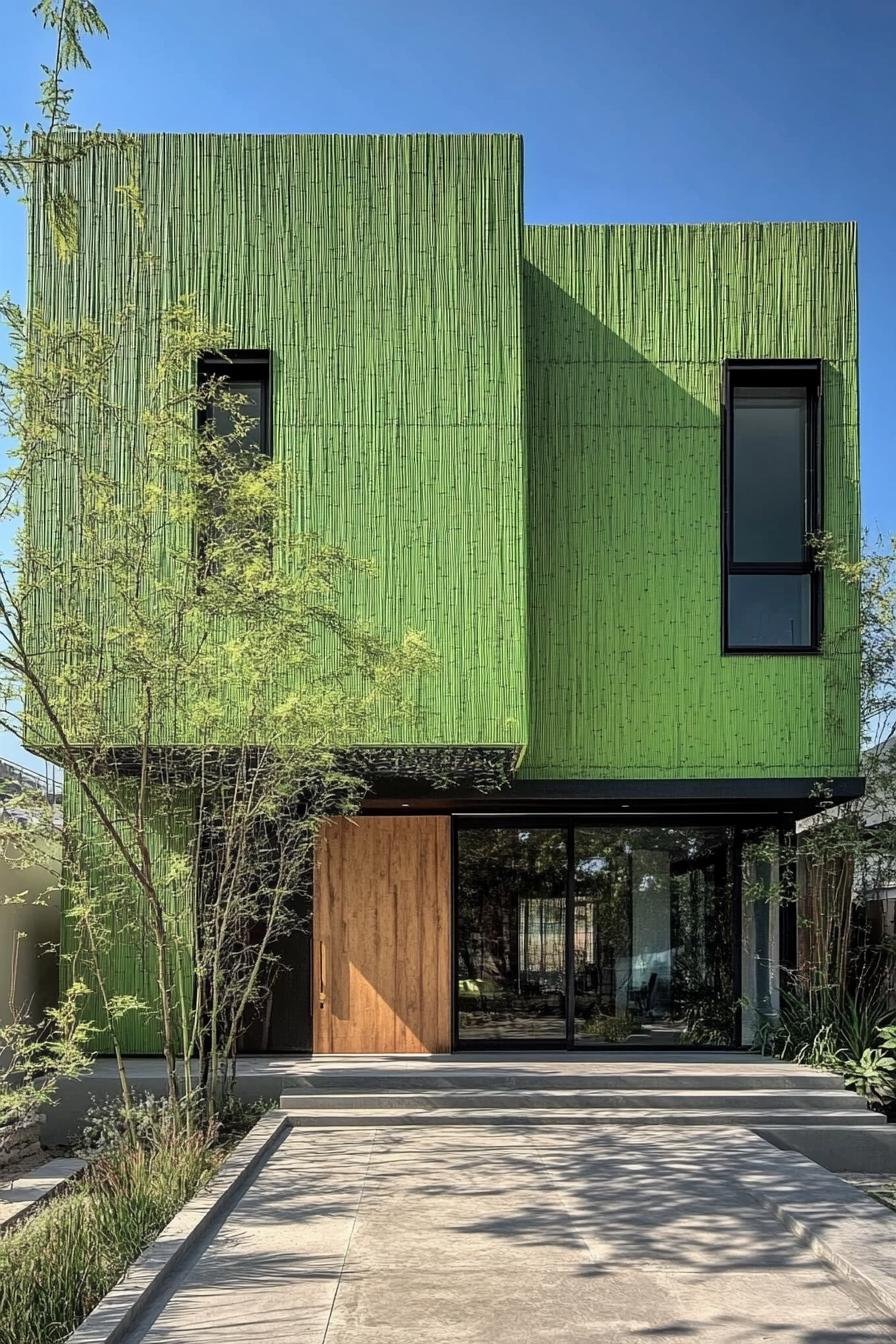 modern house with green color facade with bamboo cladding painted green 3