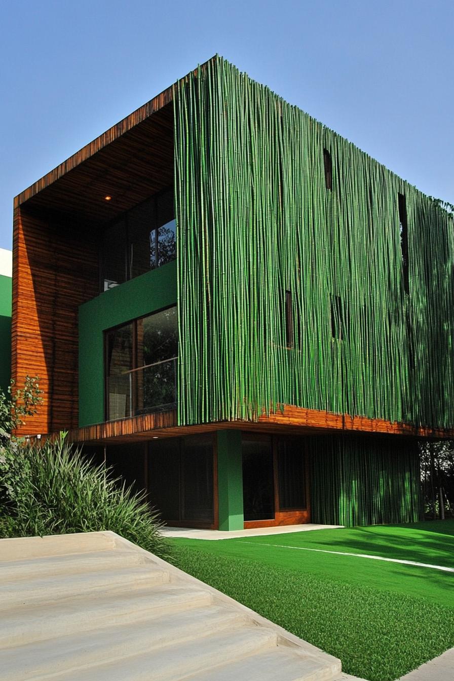 modern house with green color facade with bamboo cladding painted green