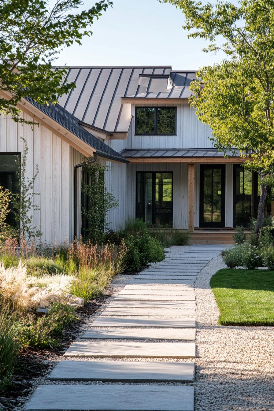 modern house with horizontal cedar shiplap exterior with whitewash traditional front yard