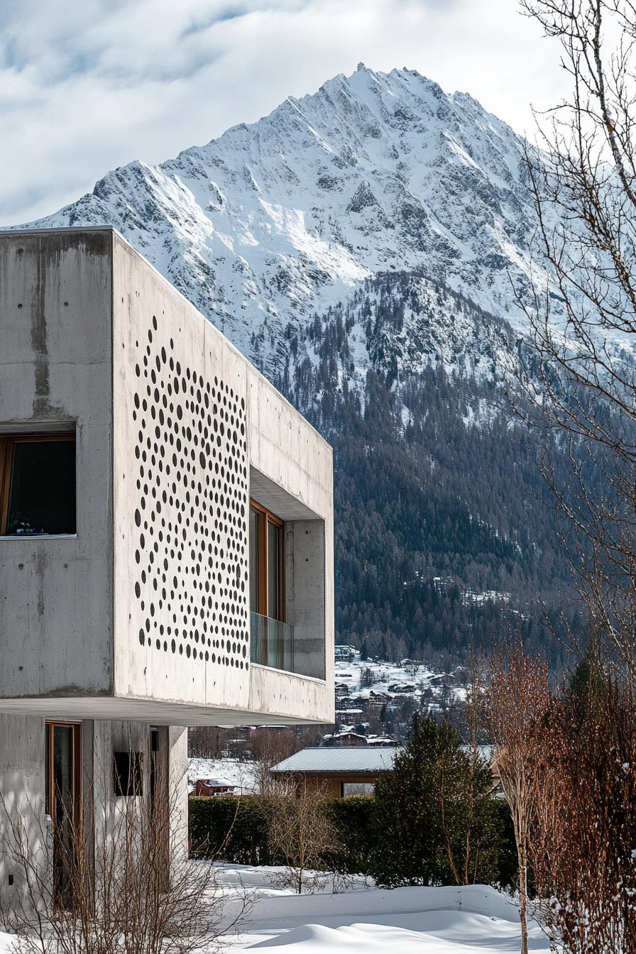 modern house with perforated precast concrete facade imposing snowy mountain in the background 1