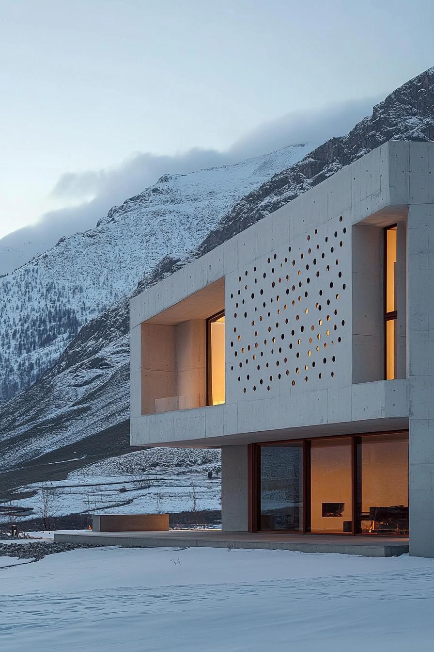 modern house with perforated precast concrete facade imposing snowy mountain in the background 2