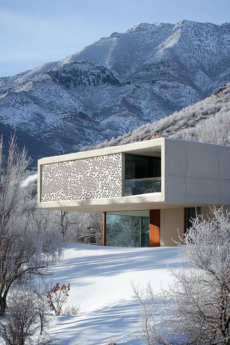 modern house with perforated precast concrete facade imposing snowy mountain in the background 3