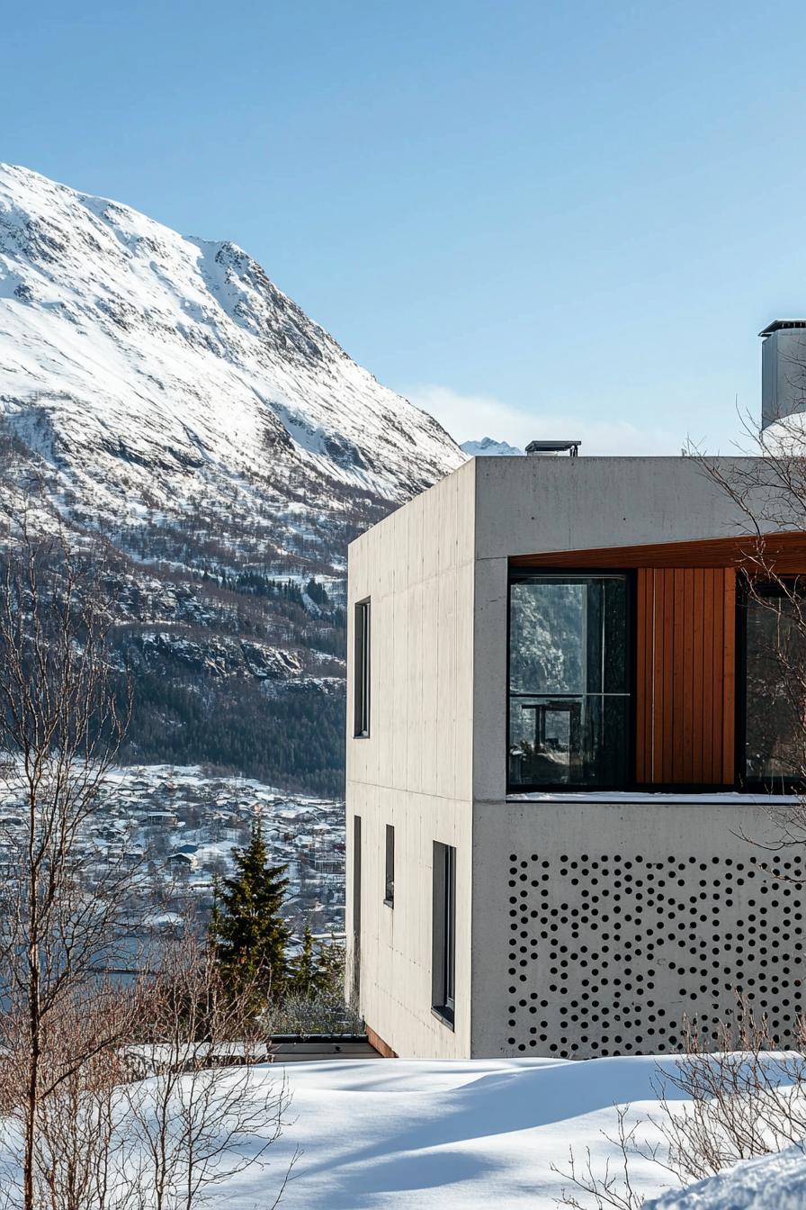 modern house with perforated precast concrete facade imposing snowy mountain in the background