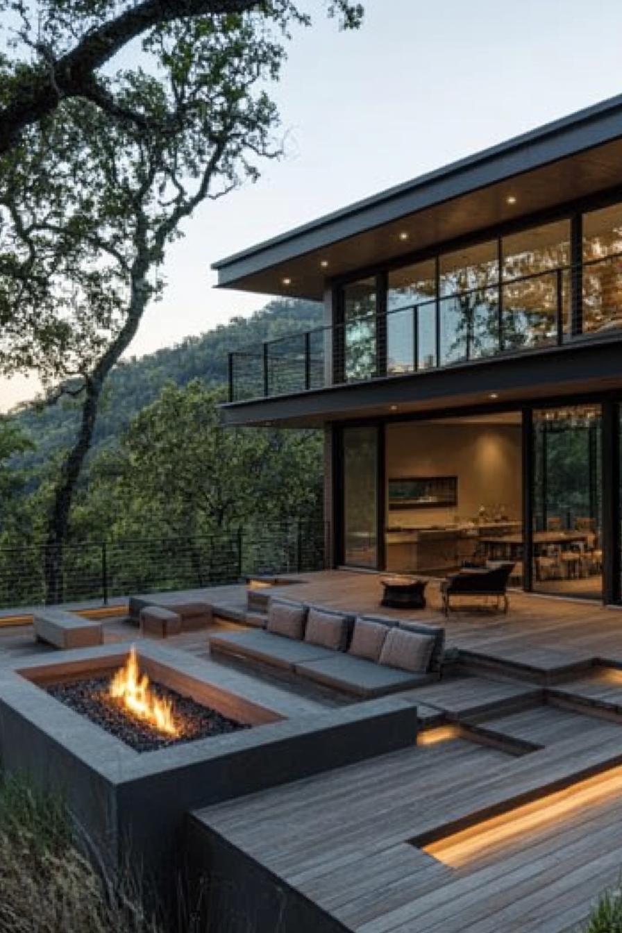 modern house wraparound deck with integrated seating and firepit 1