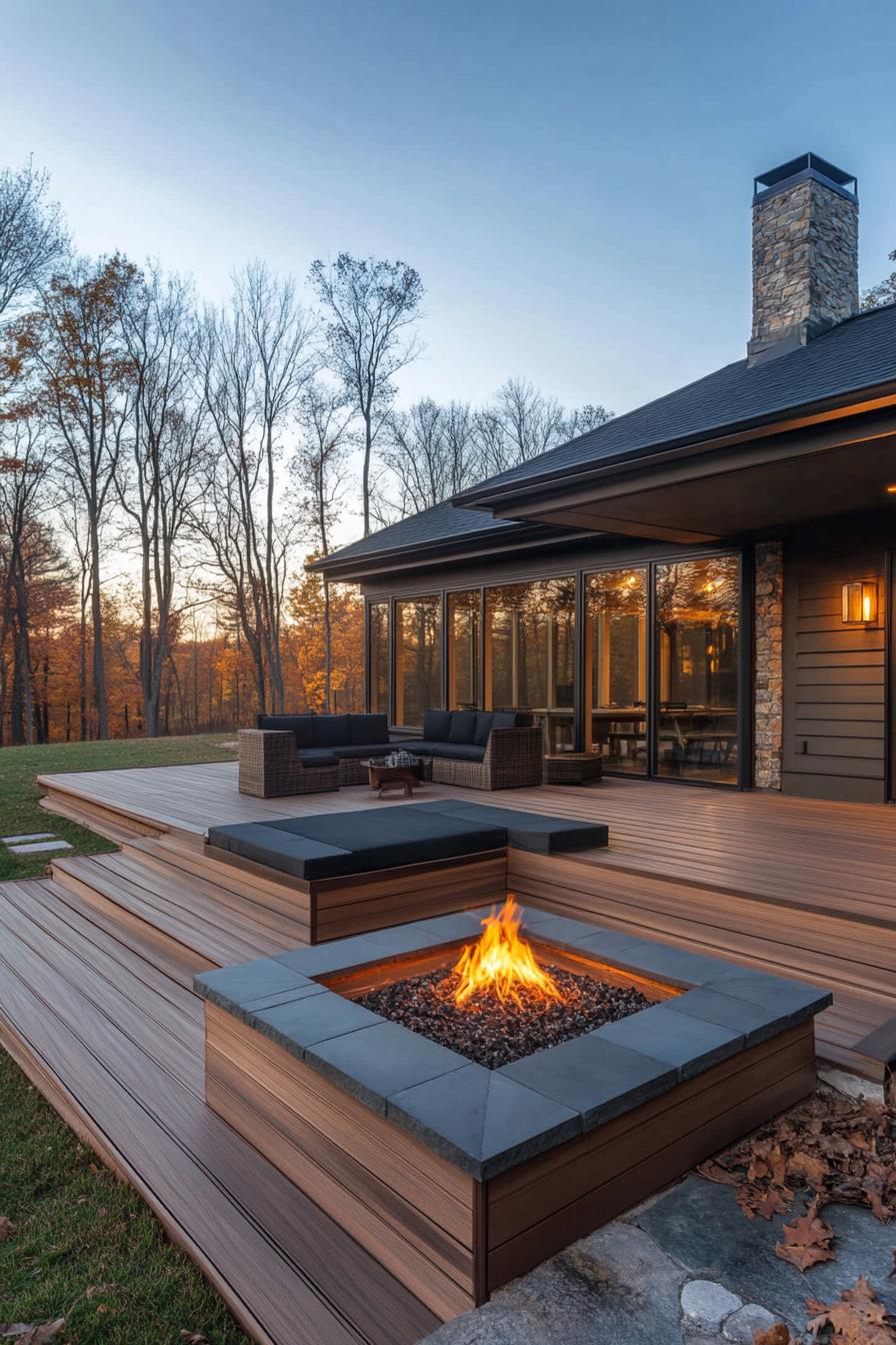 modern house wraparound deck with integrated seating and firepit 2