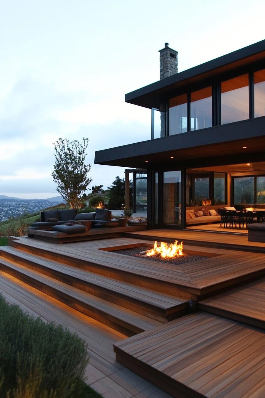 modern house wraparound deck with integrated seating and firepit 3