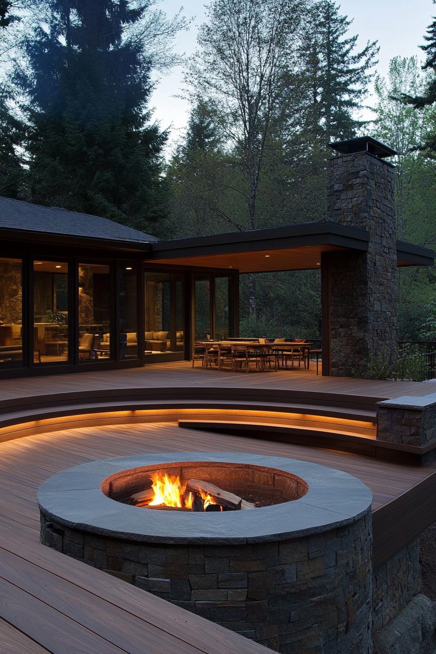 modern house wraparound deck with integrated seating and firepit