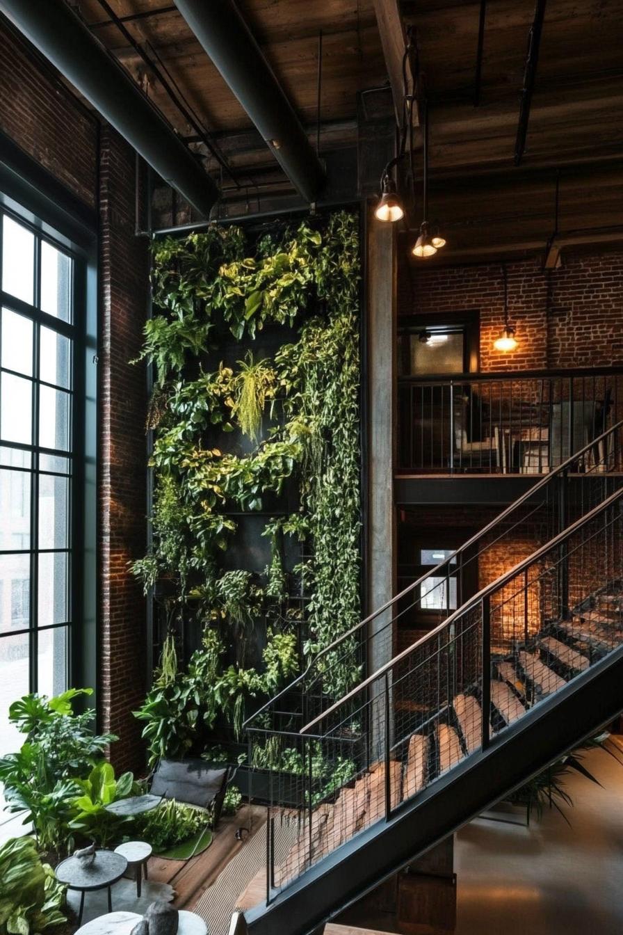 modern industrial loft home metal staircase and vertical garden wall 1