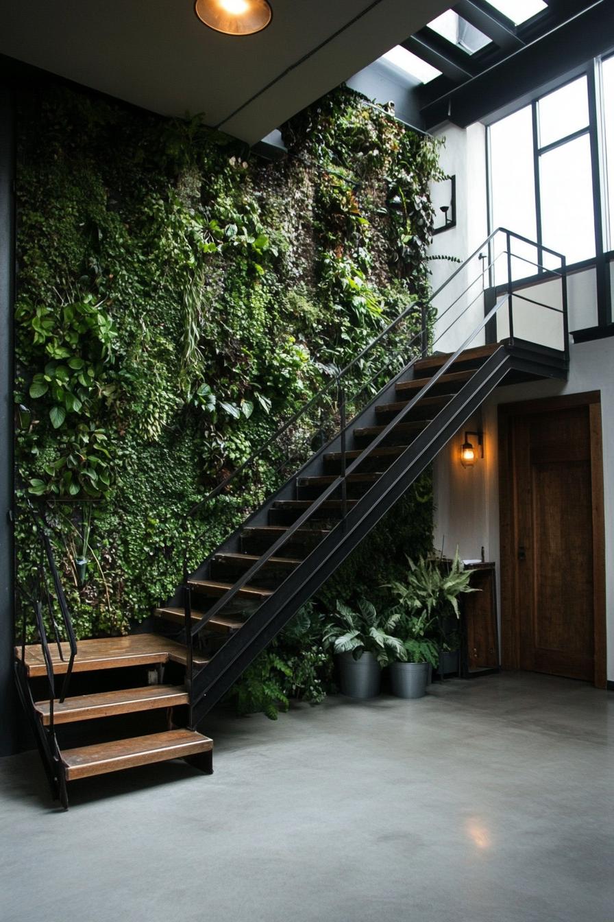 modern industrial loft home metal staircase and vertical garden wall 2