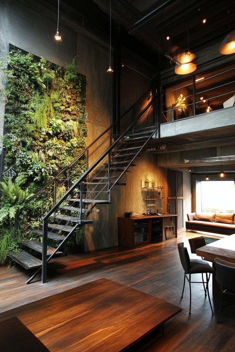 modern industrial loft home metal staircase and vertical garden wall