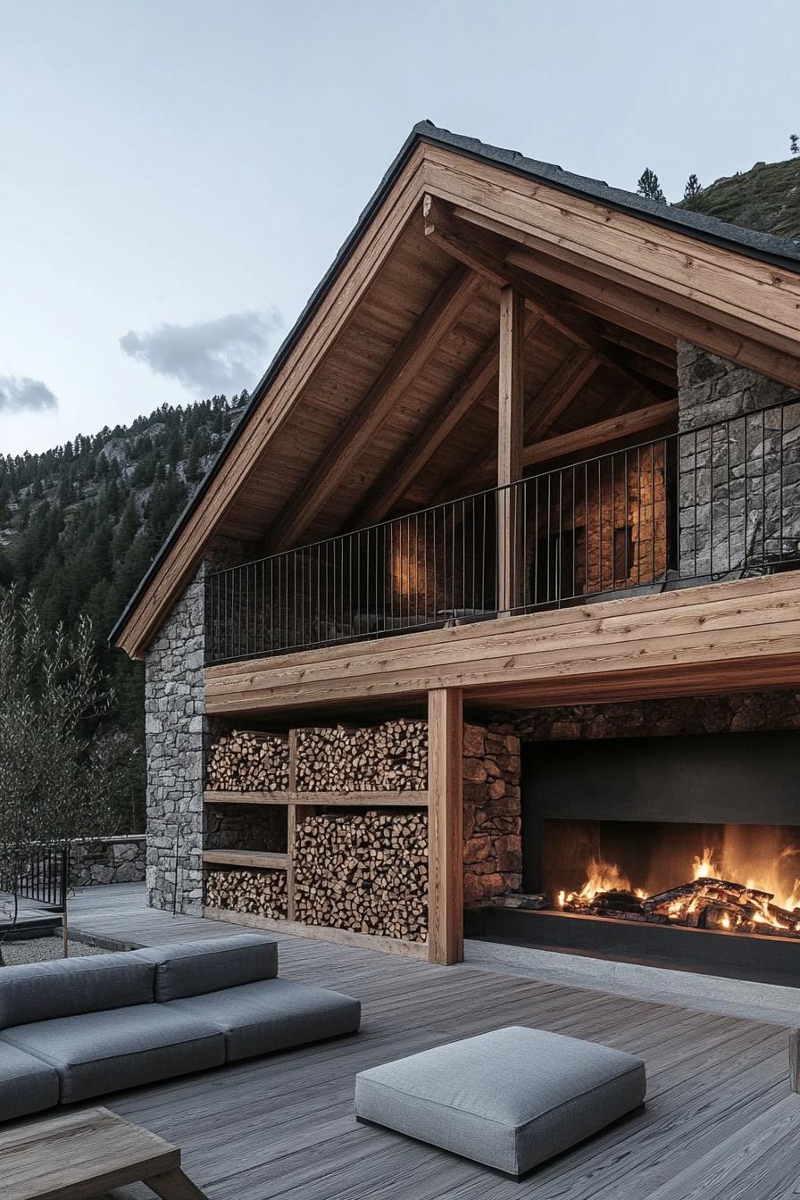 modern log house in the mountains with a stone fireplace and firewood storage 1