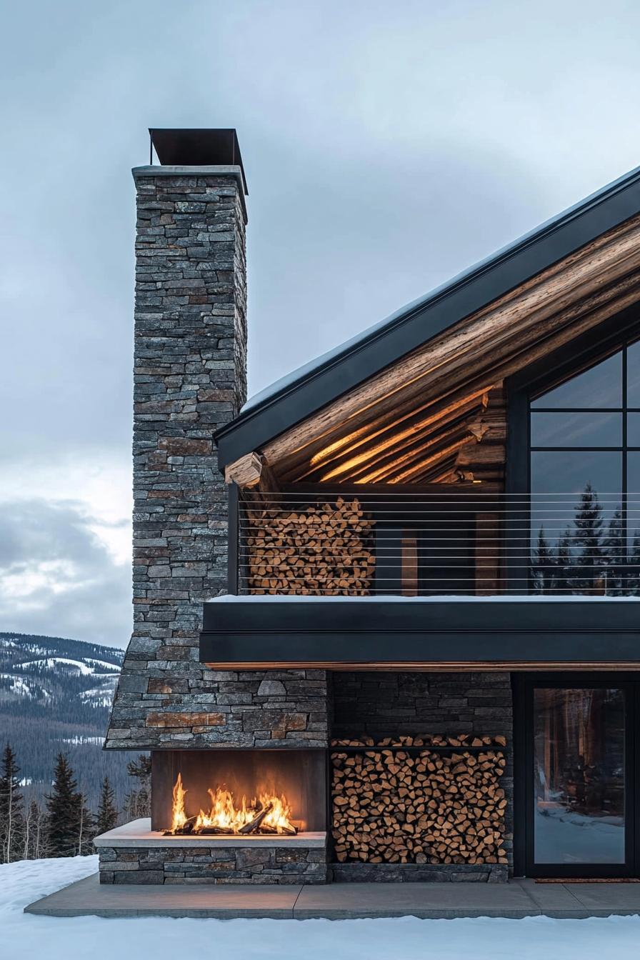 modern log house in the mountains with a stone fireplace and firewood storage 2