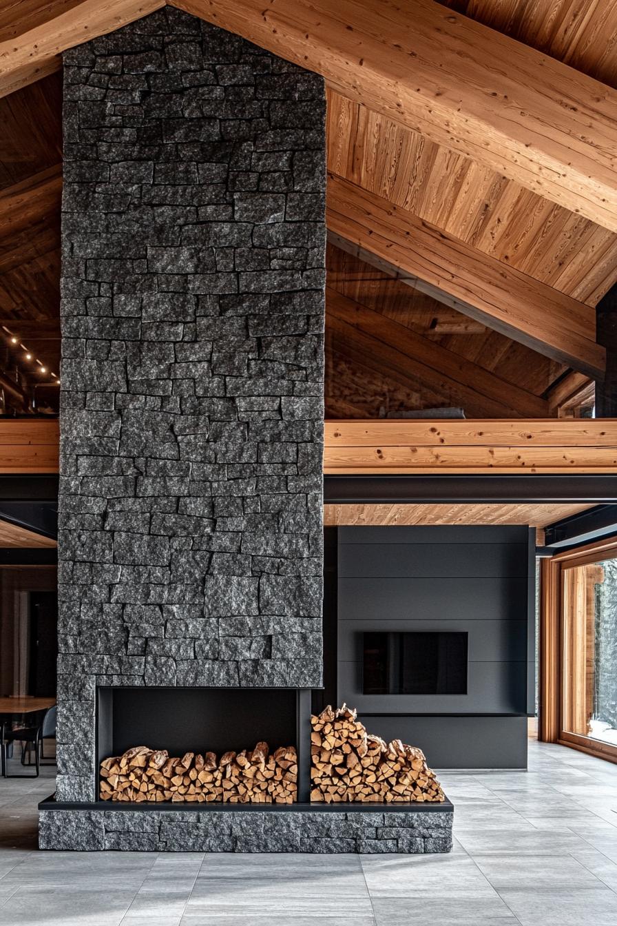 modern log house in the mountains with a stone fireplace and firewood storage 3