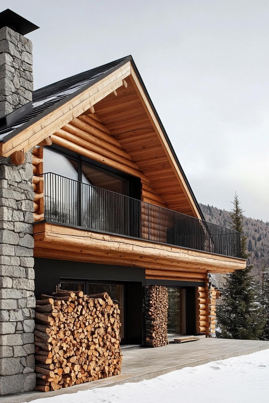 modern log house in the mountains with a stone fireplace and firewood storage