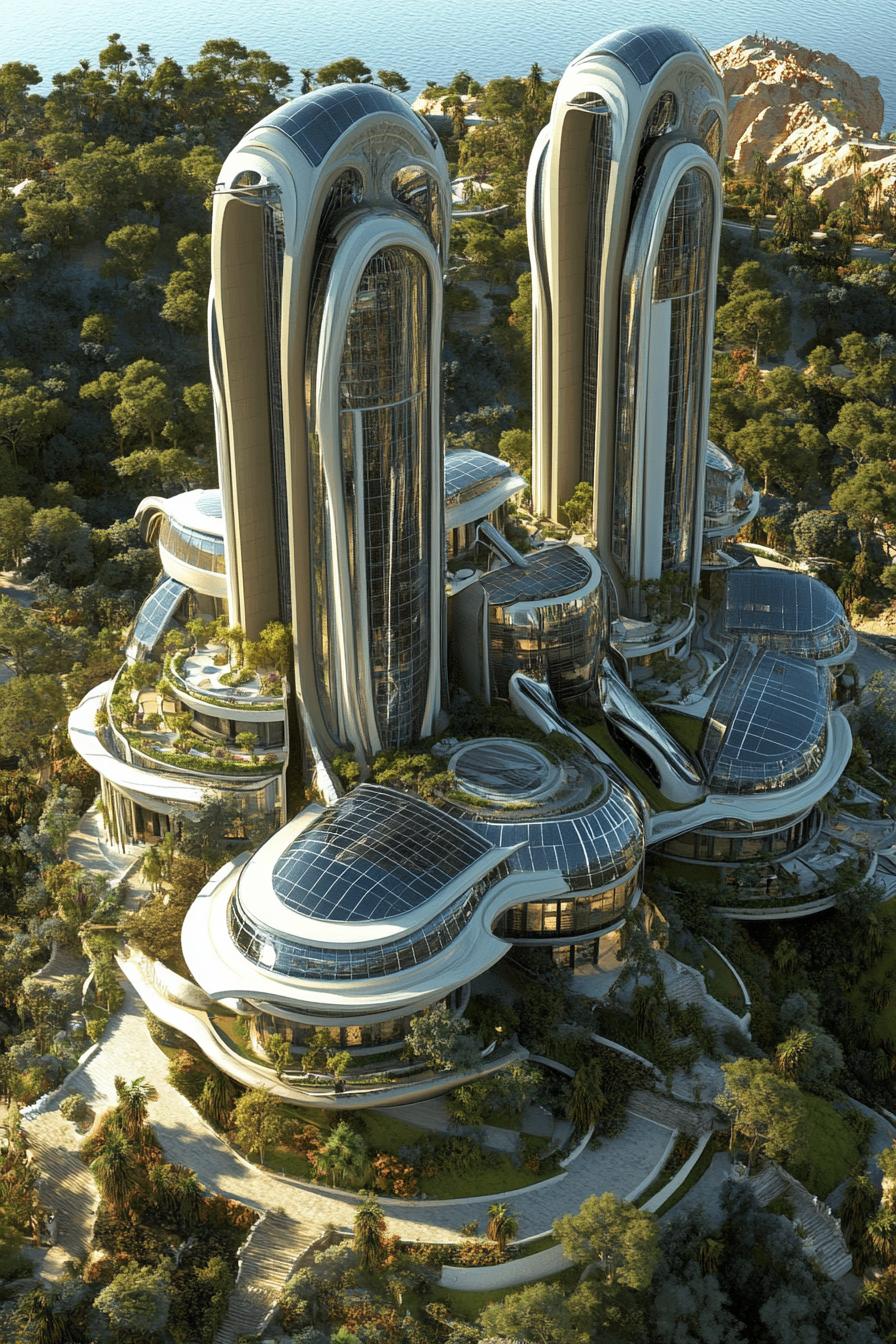 modern luxury giant mansion complex with towers with solar panels view from near above 1