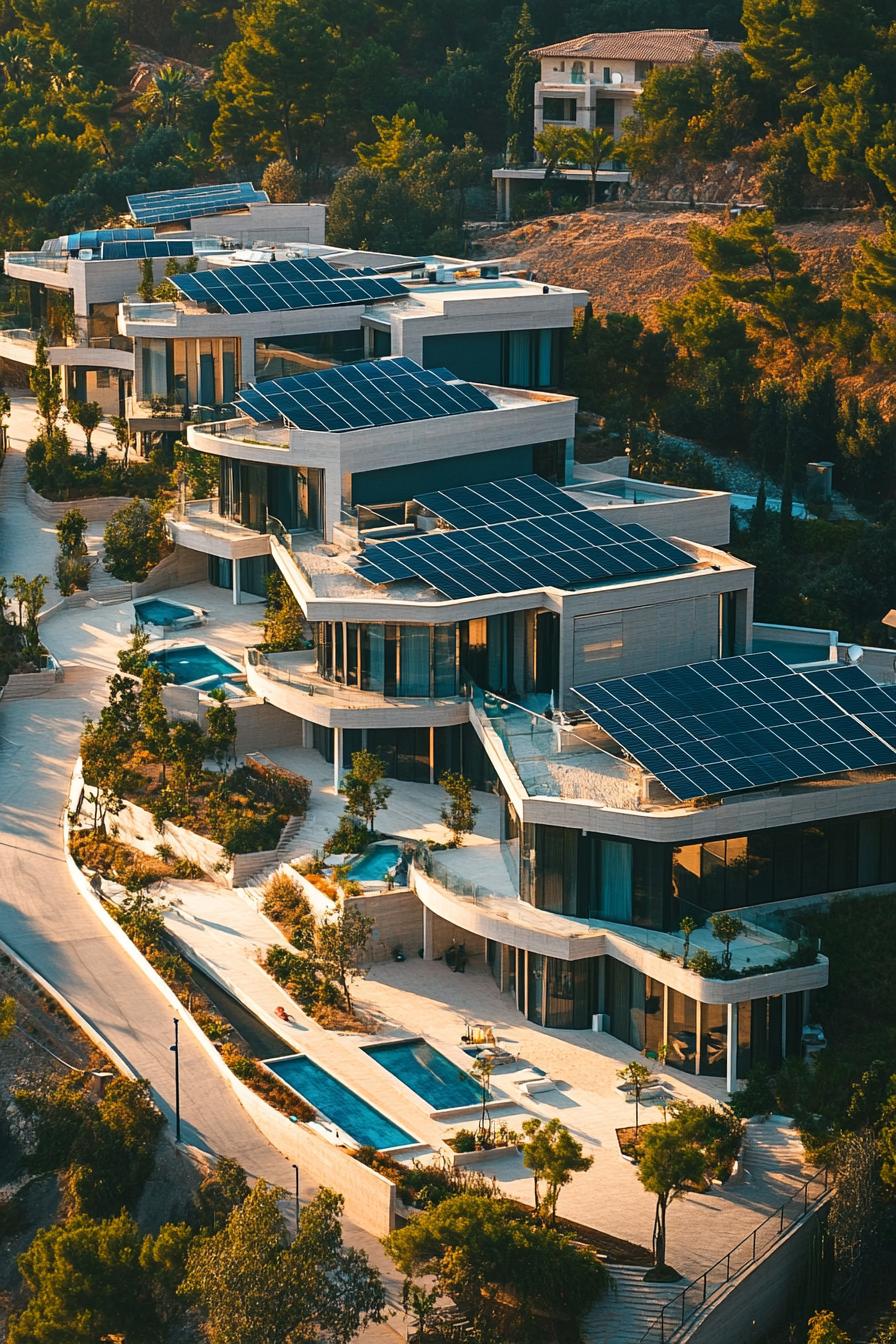 modern luxury giant mansion complex with towers with solar panels view from near above 2