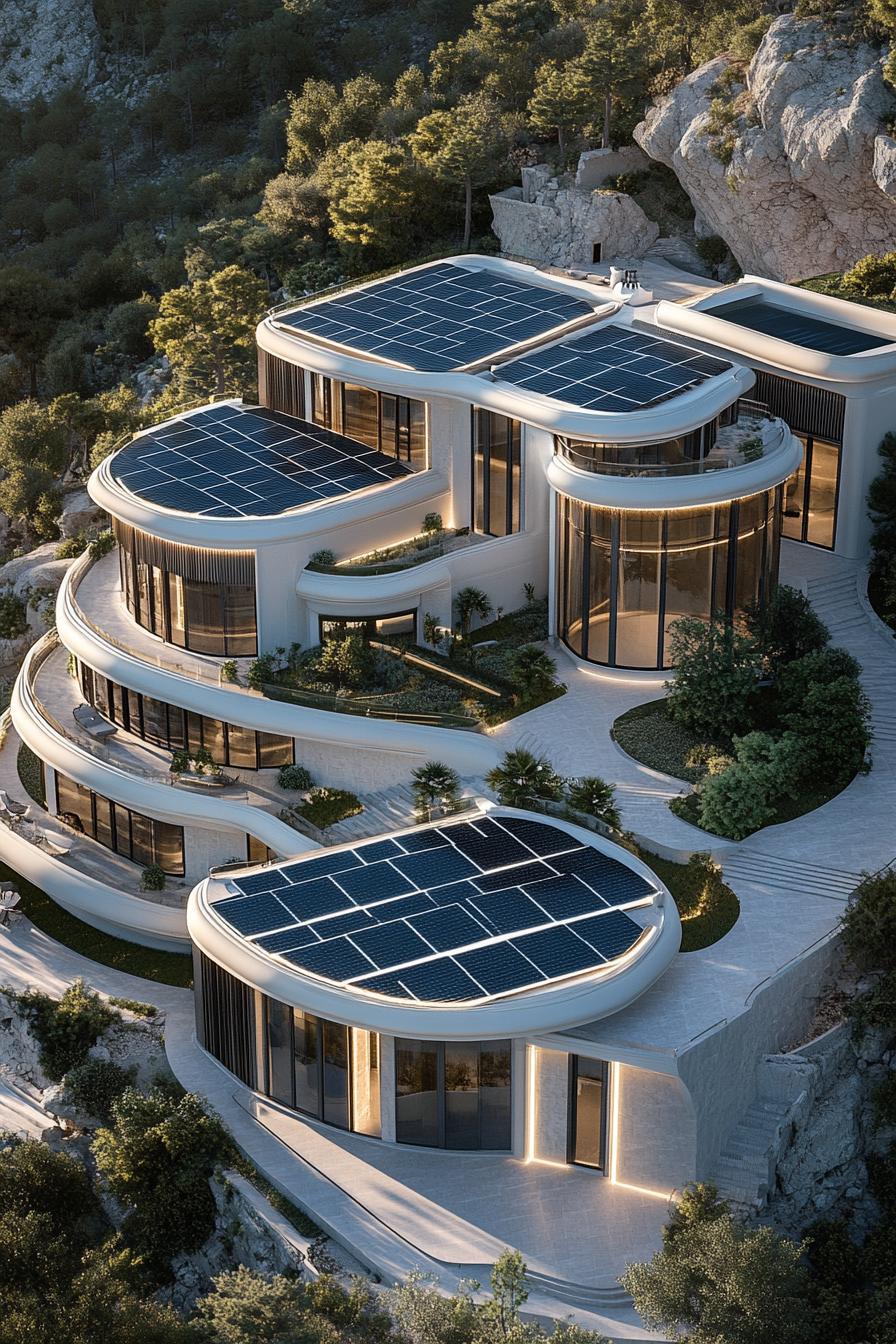 modern luxury giant mansion complex with towers with solar panels view from near above 3