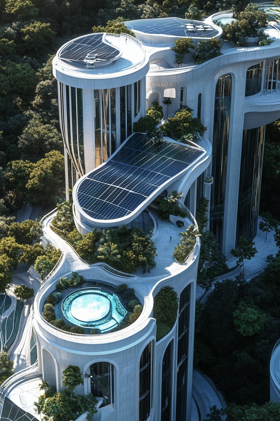 modern luxury giant mansion complex with towers with solar panels view from near above