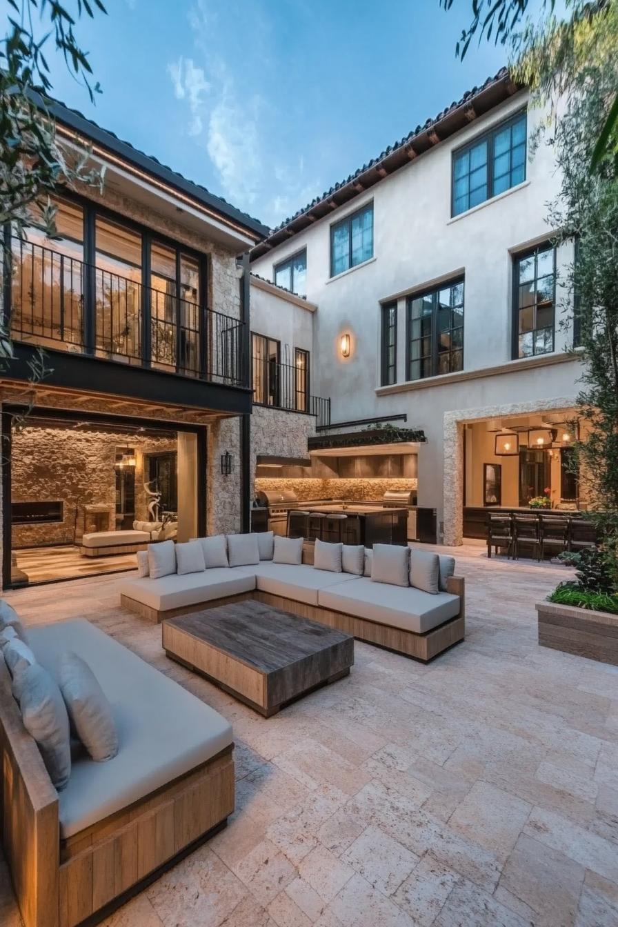 modern luxury mansion courtyard with lounge area and outdoor kitchen 1