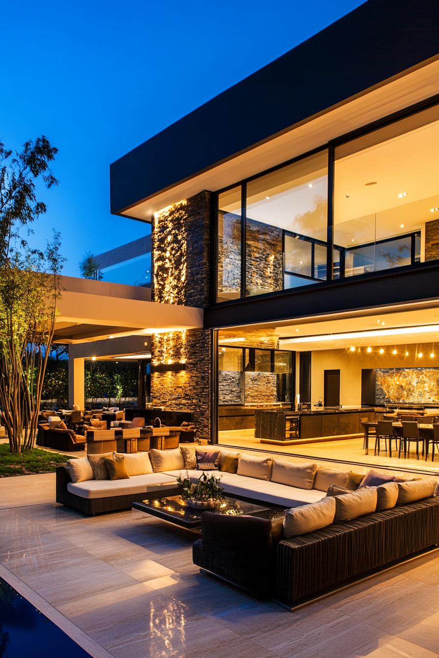 modern luxury mansion courtyard with lounge area and outdoor kitchen 2