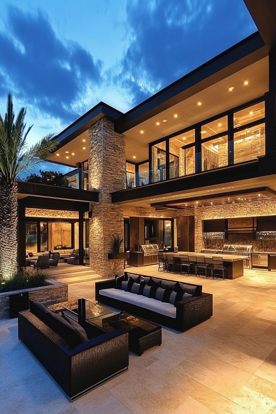 modern luxury mansion courtyard with lounge area and outdoor kitchen 3