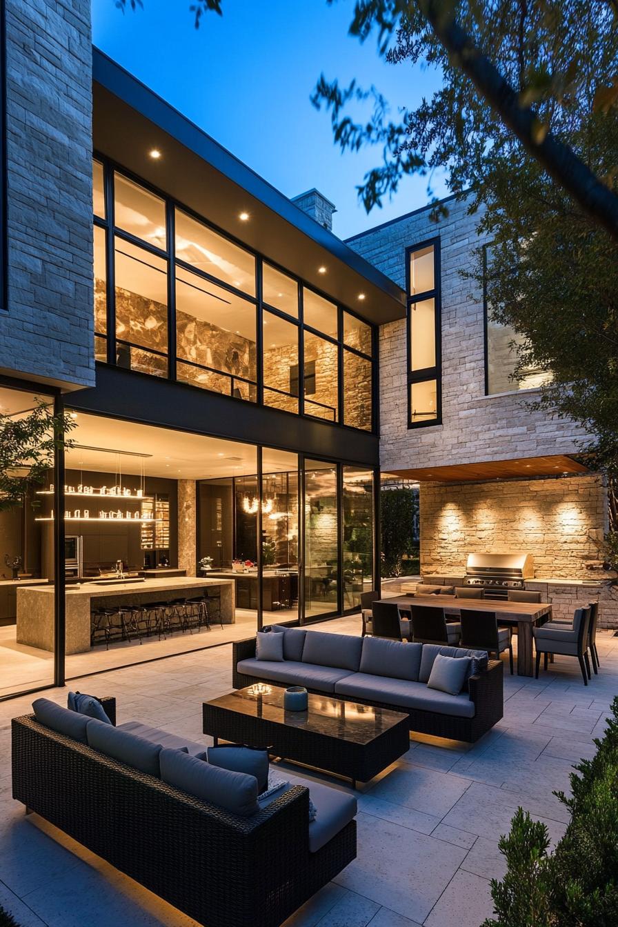 modern luxury mansion courtyard with lounge area and outdoor kitchen