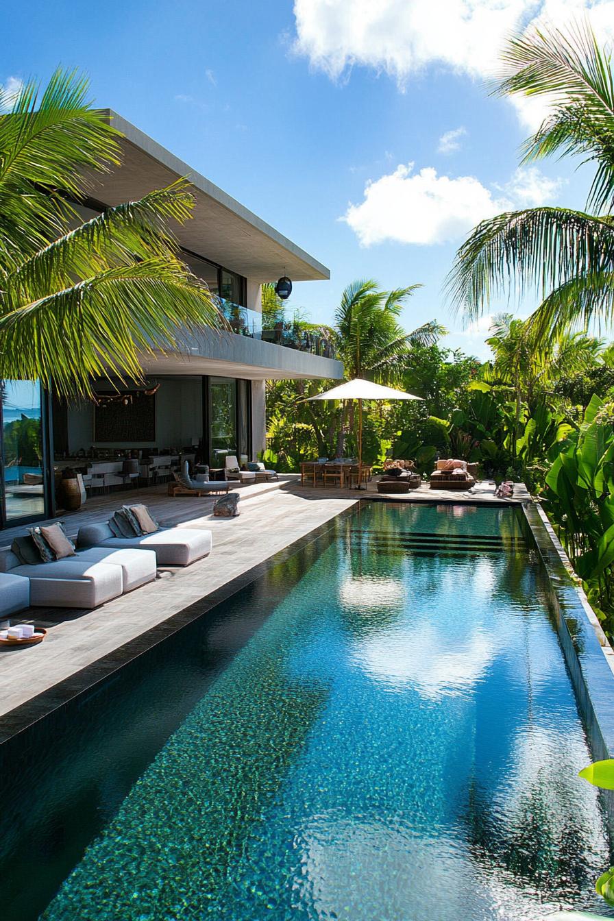 modern mansion pool in a lush tropical landscape