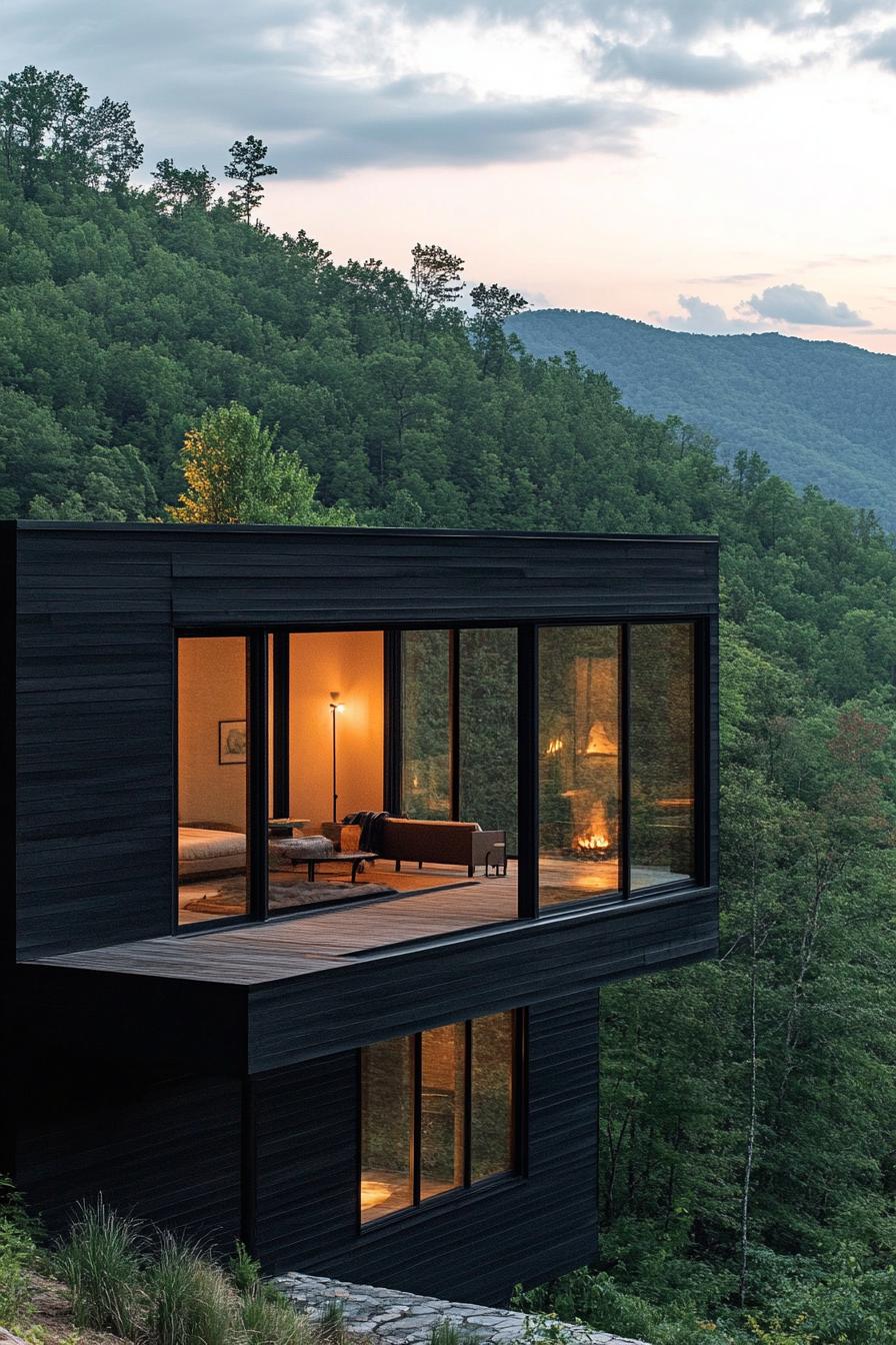 modern mountain black wood log cabin facade with floor to ceiling windows with stunning Appalachian mountain views 1