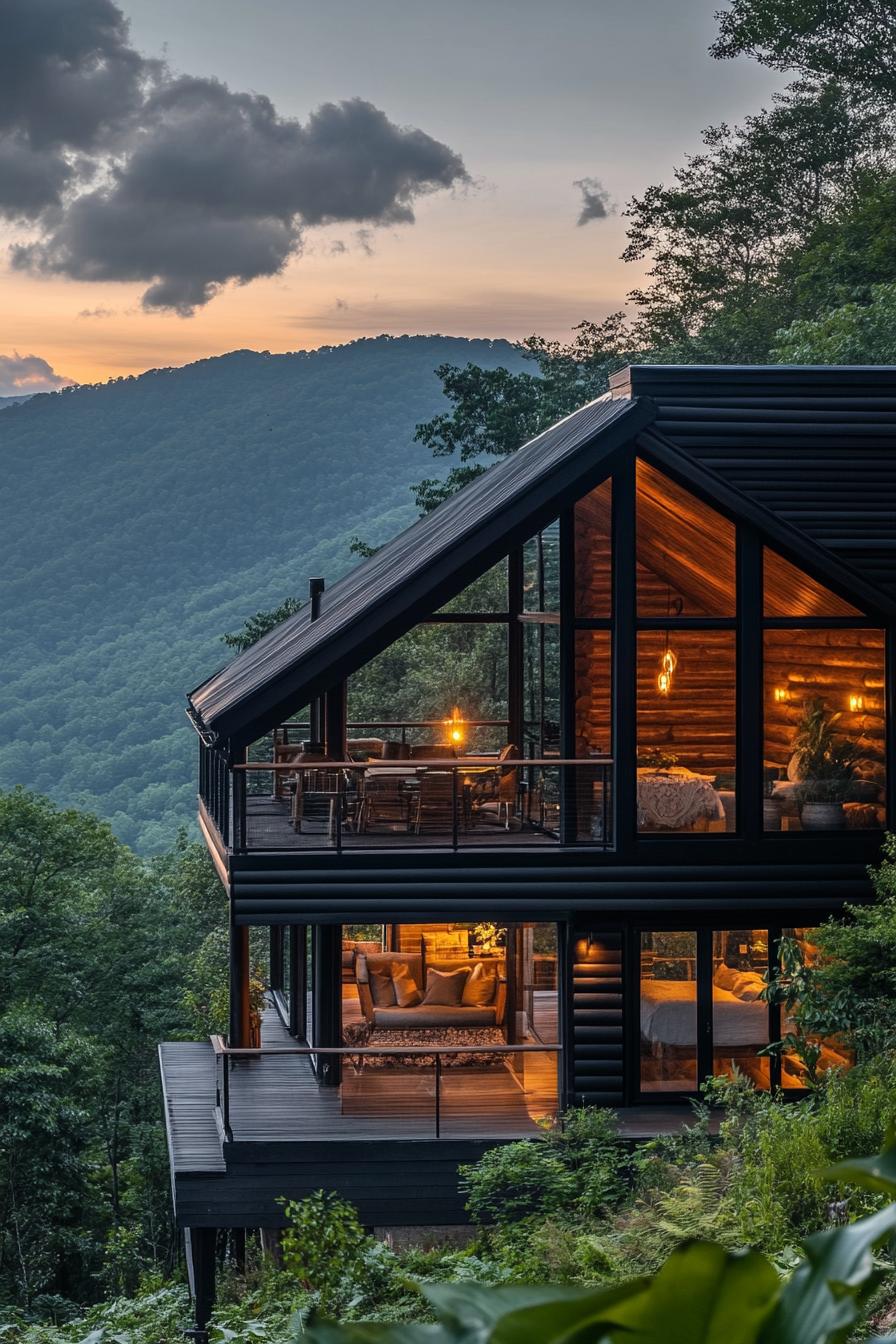 modern mountain black wood log cabin facade with floor to ceiling windows with stunning Appalachian mountain views 2