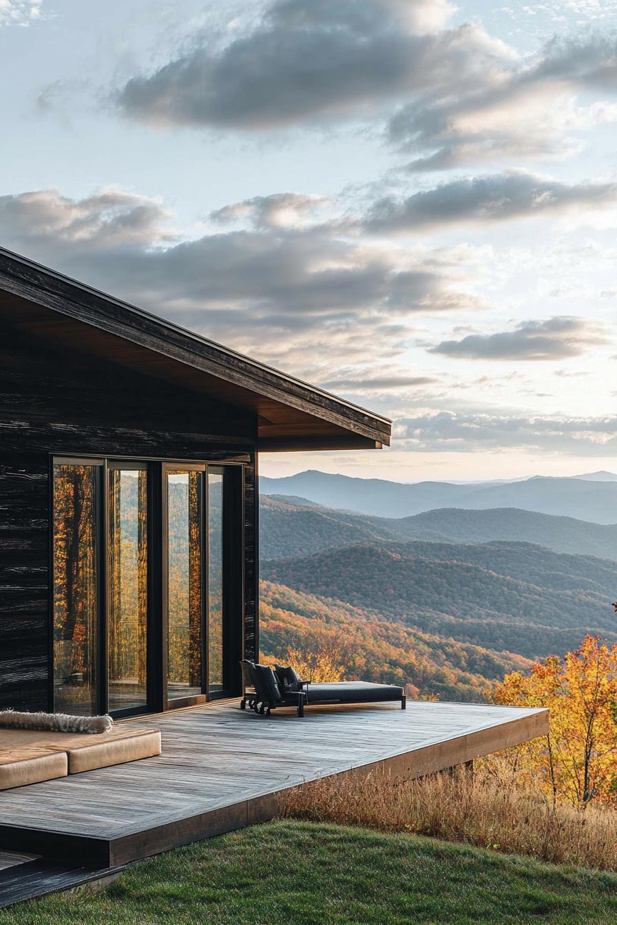 modern mountain black wood log cabin facade with floor to ceiling windows with stunning Appalachian mountain views 3