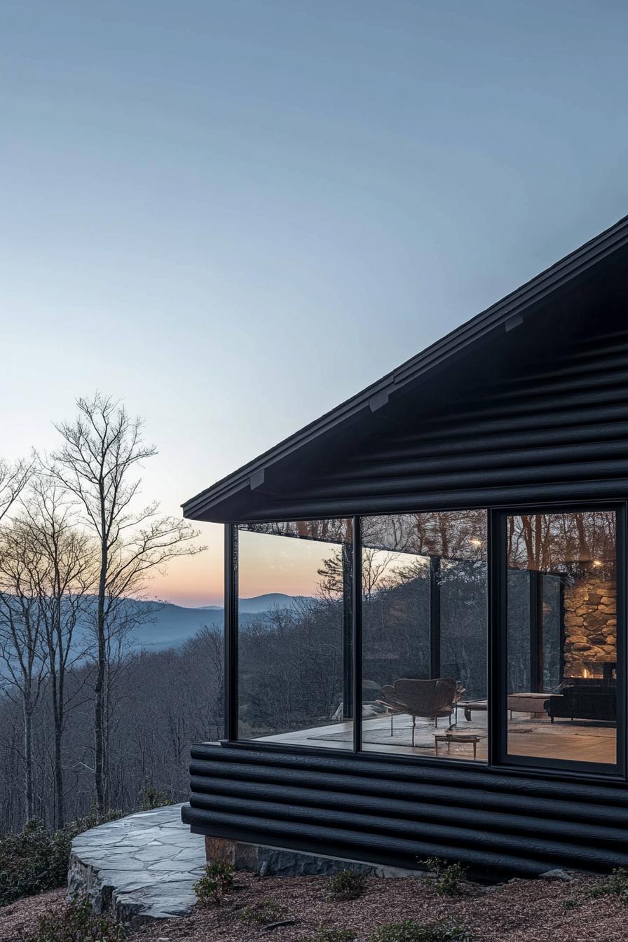 modern mountain black wood log cabin facade with floor to ceiling windows with stunning Appalachian mountain views