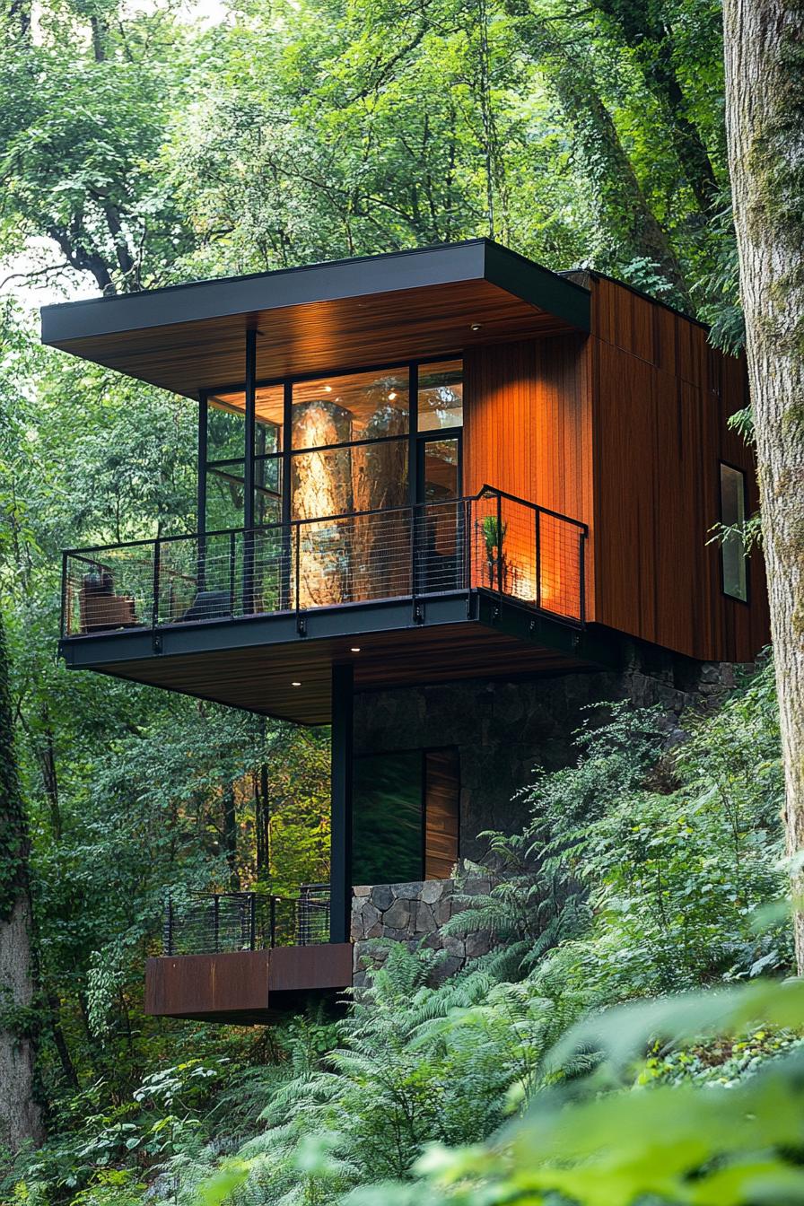 modern mountain pod house on high stilts in lush mountain woods 1