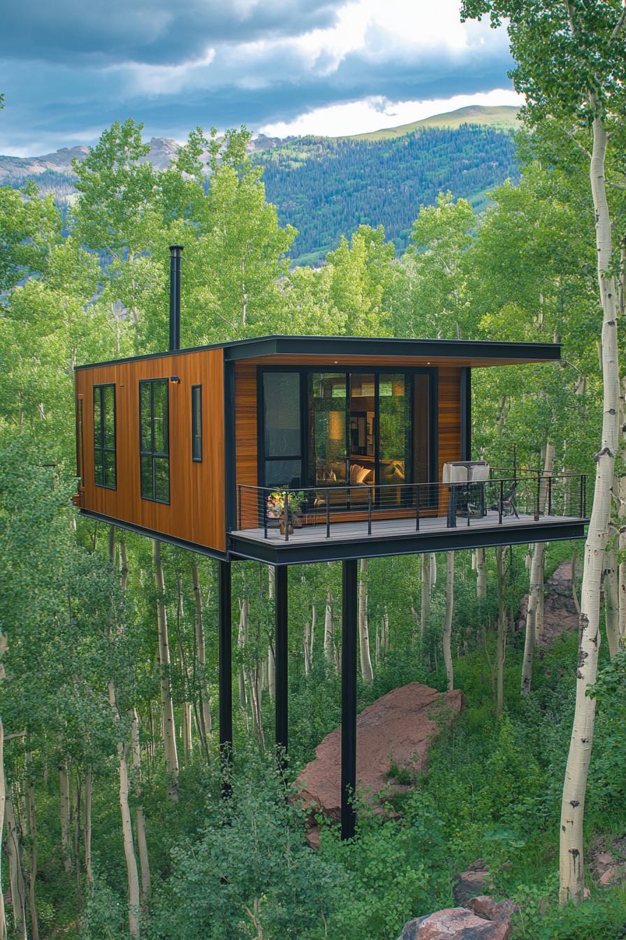 modern mountain pod house on high stilts in lush mountain woods 2