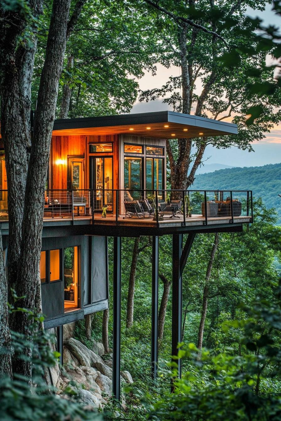 modern mountain pod house on high stilts in lush mountain woods 3